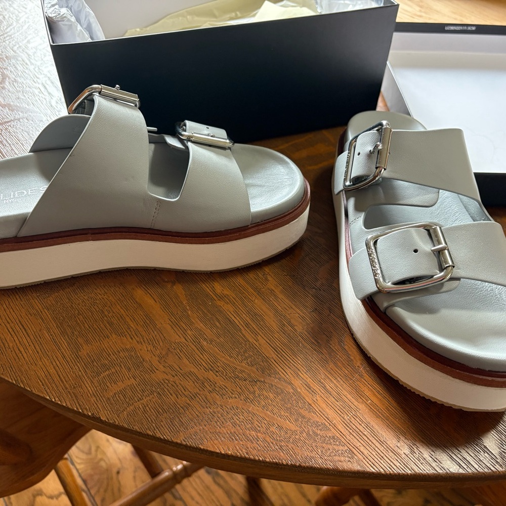 J/SLIDES Silver Buckle Platform Sandals